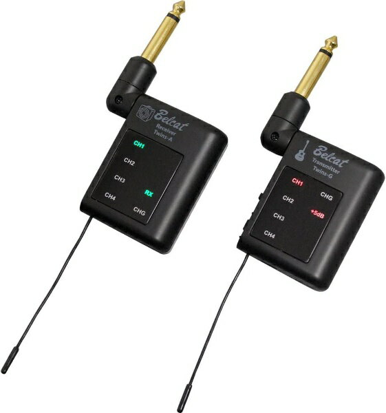 BELCATよりギター・ベース用のワイヤレスシステムが登場！操作は至ってシンプル。小型の送信機と受信機を楽器とアンプに接続し、スイッチをオン。チャンネルがリンクすればケーブルレスで即座にプレイが可能になります。付属のUSBケーブルで2台同時に充電可能。連続駆動時間は約2時間、付属の交換用充電池も用いれば、最大約4時間の駆動が可能です。4つの周波数チャンネルを切り替え可能、同環境下にて最大4台まで同時使用が可能です。各チャンネルの周波数は以下の通りです。CH1-806.125　CH2-807.125　CH3-807.875　CH4-809.000・ 国内電波法に準ずる技適認証取得済み(本体裏面に記載)・ ワンタッチ操作で簡単接続、ケーブルレスでプレイが瞬時に可能・ 電波干渉に強いUHFデジタル転送、約50mの到達距離を実現・ 音痩せを感じる場合は、送信機側で+5dBアップ可能・ 専用の充電池で約2時間の連続駆動が可能(交換用充電池2本付属)・ 付属のUSBケーブルで2台同時に充電が可能パッケージ内容:受信機送信機専用充電池 ×4(うち2本は交換用)USBケーブル専用ポーチ