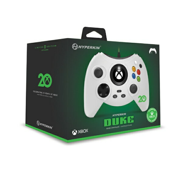 ・本製品は米国で2021年12月15日に発売されたXboxの20周年を記念した限定モデルです。このたびHYPERKINの日本本格参入を記念して日本語版スリーブにて各色500台の限定商品となります。・Xbox Series X/S,Xbox One,Windows 10/11 PCに対応したXbox公式ライセンスコントローラーとして、初代Xboxコントローラー CODE NAME:DUKEを再現しました。・Windows Central GAME AWARDS 2018にてBEST GAMING CONTROLLERを受賞。・Xbox初代開発者である「Seamus Blackley」氏と共に、Xboxの20周年記念を飾るに相応しいマニアも唸るギミックを用意しました。・初代Xboxコントローラーのボタン配置を踏襲しております。（ブラック＆ホワイトボタンを採用）・高精密なアナログトリガーで精細なコントロール性も抜群！・デュアルランブルモーターで没入感を高める振動フィードバッグ。臨場感あふれるゲームプレイを体感できます。（※振動対応ゲームのみ）・レスポンスの高い十字ボタンとスティック。1.8mの着脱可能な【USB Type-C】ケーブルを採用。・3.5mmヘッドセットジャック端子付き！ゲームプレイに没頭出来ます。【同梱物】・USB TypeCケーブル(約)1.8m×1本
