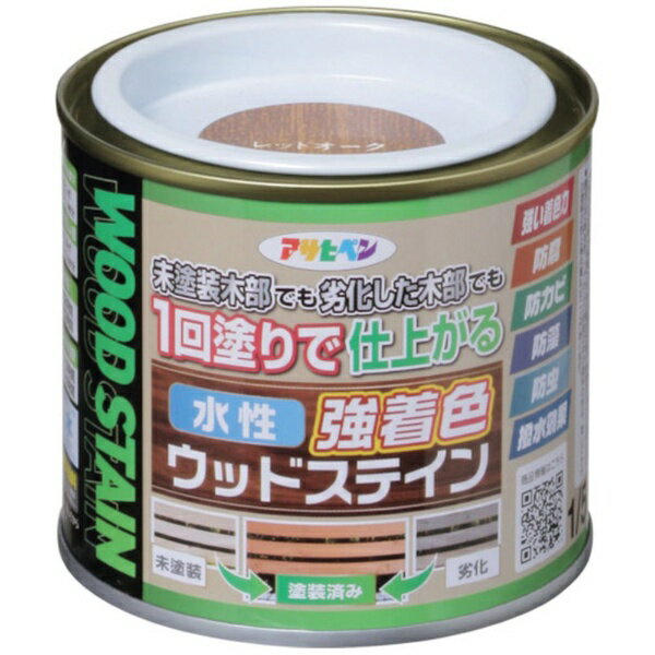 ■隠ぺいが高く1回塗りで仕上がる水性・低臭タイプの木部専用塗料です。■木目を生かした美しいステイン仕上げができ、日光や雨に強く耐候性に優れています。■防腐・防カビ・防藻・防虫効果があり、長期間、木部を美しく保ちます。■撥水剤の配合により長期間撥水性を維持し、木部を保護します。【用途】・屋内外木部用。・ラティス・トレリス・プランター・ウッドデッキなどのガーデン用木製品、家具・窓枠・幅木・ウッドクラフト・工作品などのインテリア木部・木製品に。【仕様】・容量（L）： 1/5・色： レッドオーク・塗り重ね可能時間： 夏期/1〜3時間　冬期/2〜4時間・指触乾燥時間： 夏期/2時間　冬期/3時間・塗り重ね回数： 1回・塗布面積（［［M2］］）： 1.5〜2.1（吸い込みの多い面は1.0〜1.4）・防腐・防カビ・防藻・防虫・撥水剤配合【注意】・表示の用途以外には使用しないで下さい。・古い木材や旧塗膜のある木材の場合は、必ず下地処理後に塗装して下さい。・常時水のかかるところやいつも湿っているところ、また屋内の床面には適しません。・塗料がすでに塗られている面や吸いこみがないプリント合板、化粧合板には塗れません。・食器など直接食べ物と接触するところは塗らないで下さい。