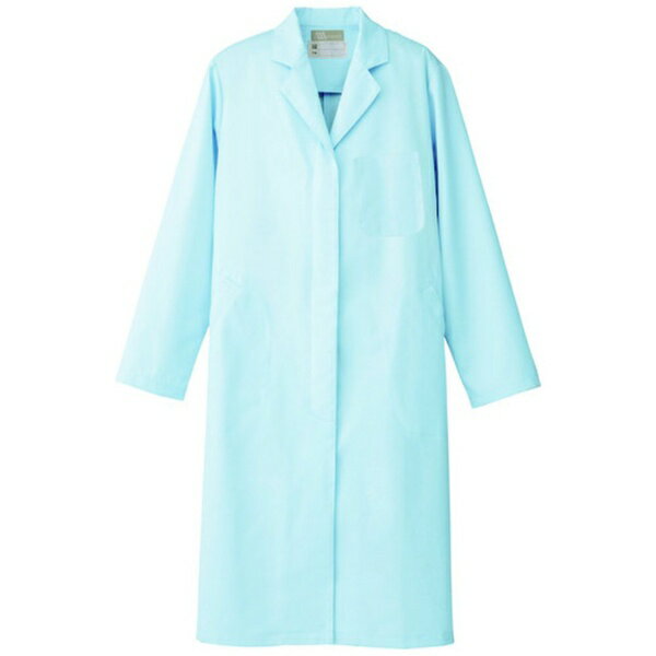 ■なめらかな着心地、定番シルエットの白衣コートです。【仕様】・色： サックス・サイズ： L・帯電防止・制菌性・糸付ボタン・両脇ポケット・左胸ポケット【材質／仕上】・素材： ライトツイル　ポリエステル65％・綿35％・ボタン： 糸付ボタン
