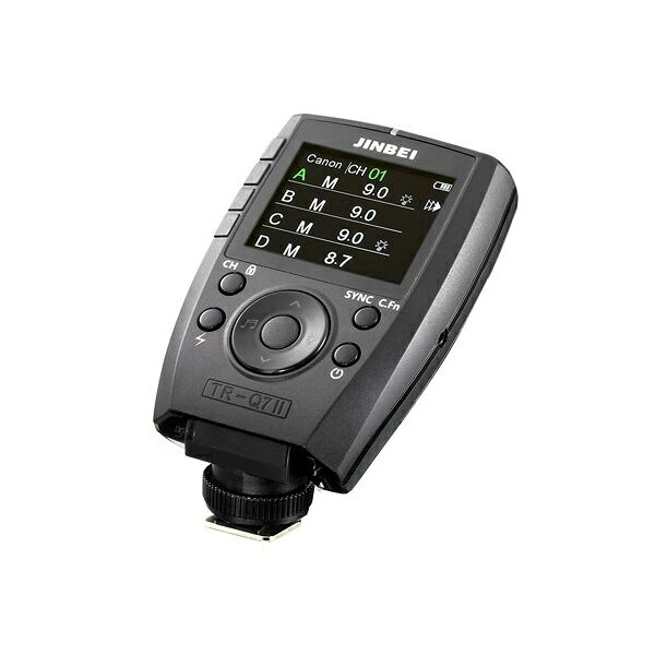 【各社カメラメーカーのTTLシステムをこの一台に集約】 Canon / Nikon / SONY / Fuji / Panasonic / OLYMPUS　各社主要カメラのTTLオートとHSSハイスピードシンクロに対応した独自のインテグレーテッドホットシューを装備したワイヤレストリガーです。 ※SONYのカメラへは別売のホットシューアダプターSが必要です。 ※SONY専用タイプのワイヤレストリガー TR-Q7II(S)もございます。 【優れた視認性と操作性】 大型液晶表示で各種設定の確認ができ、本体中央のファンクションキーで設定変更などの操作が簡単に行えます。 また、ロックボタンの長押しで操作画面がロックされ、誤操作を防止することも可能です。 本体の角度は3段階で90度調整可能なため、最適なポジションでご使用いただけます。 【主な仕様】 ワイヤレス制御：2.4GHz　技適マーク認証 送信距離：約100m チャンネル数：32CH(CH00〜CH31) グループ数：A / B / C / D / E / F フラッシュモード：TTL(オート) / M（マニュアル） シンクロモード：先幕シンクロ / 後幕シンクロ / HSS(1/8000s) 通常シンクロスピード：Canon 1/250s以下、Nikon 1/320s以下、SONY 1/250s以下、Fuji 1/250s以下、 　　　　　　　　　　　Olympus 1/250s以下 ※SONYの場合、専用のホットシューアダプターSが必要です。 対応機種：最新情報はJINBEIメーカーサイトよりご案内しております。 電源：リチウムイオン電池　3.8V 1500mAh 使用回数：1回の充電で約10万発以上 サイズ：L106xW65xH23mm 重量：120g