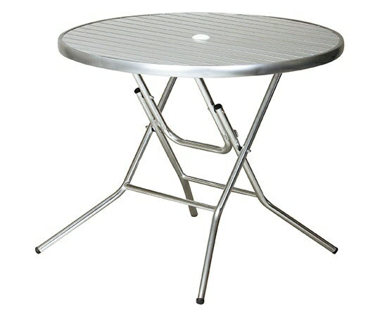 ●サイズ：Φ900×H725mm●折り畳みサイズ：W900×D255×H1135mm●天板：アルミ、粉体塗装●フレーム：BR/アルミ、粉体塗装、AL/アルミ、アルマイト●屋外使用可能●耐荷重：15kg●色：アルミ