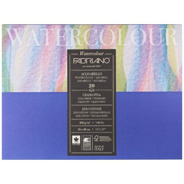 各種水彩絵具やインク、鉛筆、ドローイングなどに最適です。コットン25％セルロース（パルプ）とコットン25％配合し、中性紙なので劣化の心配もありません。純白紙パルプは無塩素漂白（ECP）を100％使用し、FSC認証に順守した環境影響に配慮した紙です。適度な保水性初心者でも使いやすい・ブロック綴じ・コットン25％・中目・300g/m2・純白・中性紙・20枚