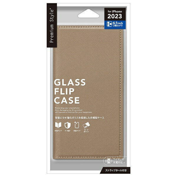 PGA｜ピージーエー iPhone 15 Pro（6.1インチ）ガラスフリップケース スクエアデザイン ベージュ Premium Style PG-23BGF06BE