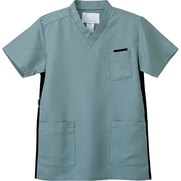 キャリアと知性を感じさせるスクラブデザイン。後ろ側がたつようにできた衿ぐりはPHSやネームプレートのストラップが首に巻きつかないための配慮です。右衿元にドットボタンをつけて着脱の便利さと、胸元の開きを押さえています。●左胸（PHSポケット付...