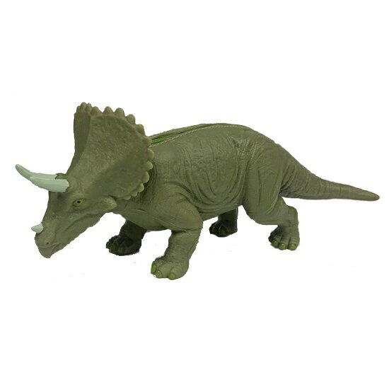 ■恐竜ポーチ トリケラトプスは、長さ約30cmのインパクトあるトリケラトプスの形をしたソフトビニール製のファスナー付き恐竜ペンケース 小物入れです。背中のファスナーを開けると内側は頭からしっぽの先まで空洞になっているので化粧品や筆記具などの小物を収納することが出来ます。トリケラトプスの小物入れは、恐竜好きな方へのプレゼントや、お部屋を楽しく演出するユニークな置き物 インテリアとしてもおすすめです。■詳細サイズ：約W300mm×H110mm×D85mm材質： PVC、ナイロン、PP対象年齢：7歳以上※画面と色合いなどが若干異なる場合がございます。予めご了承下さいますようお願いいたします。