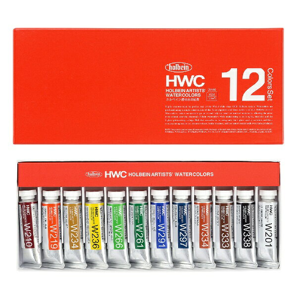 ホルベイン 透明水彩絵具 5号 15ml 12色セットクリムソン レーキ、バーミリオン ヒュー、イエロー オーカー、パーマネント イエロー ライト、パーマネント グリーン No.1、ビリジャン ヒュー、コバルト ブルー ヒュー、プルシャン ブルー、バーント シェンナ、バーント アンバー、アイボリ ブラック、チャイニーズ ホワイト※お客様のPC・モバイル環境などにより、画面上の色味は実際と異なって見える場合がございます。特徴・高濃度水を加えて幅広い色の変化が活用できます。・適度ななじみ極端に紙にしみ込まないので描きやすいです。・発色が鮮明厳選された顔料の美しさがそのまま画面に定着します。・優れた耐光性褪色の少ない優れた顔料を多く使用しています。・高い透明度透明度が高くさまざまな水彩技法が効果的に表現できます。