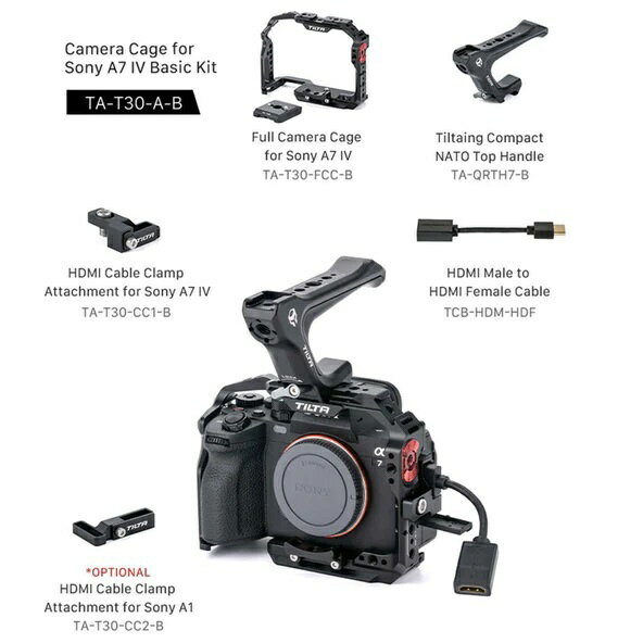 ベーシックキットは、Sony a7 IV, a1, S3, R4, 73, R3, A9用のカメラケージで、カメラの機能を向上させる基本的なアクセサリーがいくつか含まれています。フルケージには、位置決めピン付きの3/8’’-16および1/4’’-20スレッド、コールドシューレシーバー、タイプIVおよびVIサイドハンドル用NATOレールが装備されています。また、ARRI互換のロゼットコネクションと、オプションのシングルロッドホルダー用のロッドアタッチメントポートも備えています。ケージの上部は、ティルタイングコンパクトNATOトップハンドル用に特別に設計されており、より柔軟な操作とハンドリングが可能です。ハンドルにはコールドシューレシーバーが1つ装備されており、コールドシューアクセサリーマウントブラケットを使用して外部モニターを取り付けることができます。ボトムプレートには1/4’’-20のネジがあり、様々なクイックリリースプレートにカメラを取り付けることができ、Tiltaing 15mm LWS Baseplate Type IVと互換性があります。HDMIクランプはケージの側面に取り付けられ、付属のHDMIオス-HDMIメスケーブルをシステムにしっかりと固定することができます。このクランプは、撮影中にHDMIケーブルが外れるのを防ぎ、カメラボディのポートを保護するのに役立ち、特に外部レコーダーを使用する際に役立ちます。【同梱品】Full Camera Cage for Sony a7 IV - Black（TA-T30-FCC-B）×1Tiltaing Compact NATO Top Handle - Black（TA-QRTH7-B）×1HDMI Cable Clamp Attachment for Sony a7 IV - Black（TA-T30-CC1-B）×1HDMI Male to HDMI Female Cable (22cm)（TCB-HDM-HDF-22）×1