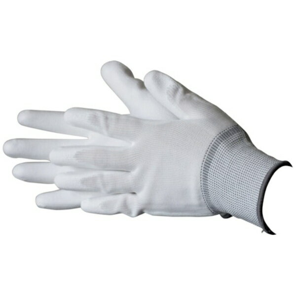 ■手の平にポリウレタンをコーティングしており軽度なグリップ効果を持った作業手袋です。■とても軽くて通気性に優れています。■手にフィットする設計なので、指先の細かな作業も行えます。【用途】・果樹収穫、農作業、園芸作業、検査、精密機器取扱い、流通作業、清掃等【仕様】・色： ホワイト・サイズ： L・ゲージ数： 13・全長（cm）： 24・手のひら周り（cm）： 19・中指長さ（cm）： 8.2・リストカラー： グレー・13ゲージ編【材質／仕上】・手袋： ポリエステル100％・すべり止め： ポリウレタン樹脂