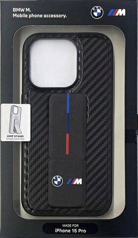エアージェイ　BMW iPhone15 Pro用 PUカーボン グリップスタンド 背面ケース ブラック　BMHCP15LGSPCCK