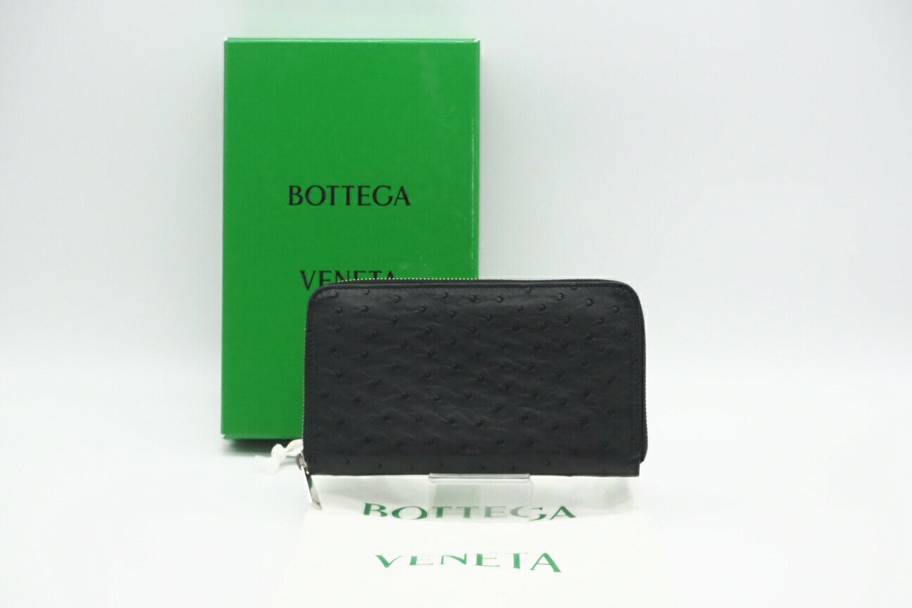 ☆安心の3大保証☆ Bランク ≪BOTTEGA VENETA ボッテガ ヴェネタ/ラウンドファスナー長財布≫ オーストリッチ ジップアラウンド ウォレット ブラック【中古】