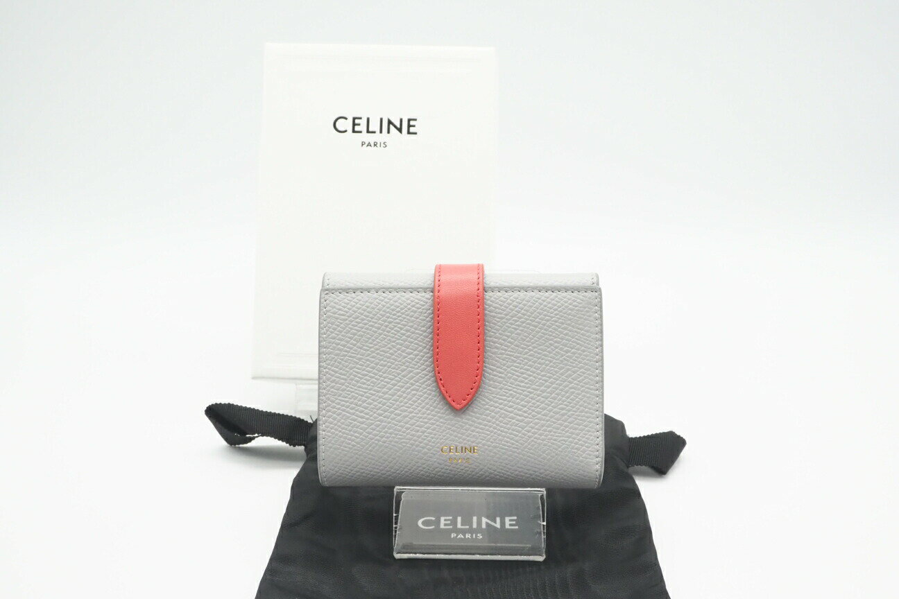 ☆安心の3大保証☆ Aランク ≪CELINE セリーヌ/三つ折り財布≫ 10H48 3BRU バイカラー ファインストラップ付きウォレット LIGHT GREY×GRENADINE【中古】