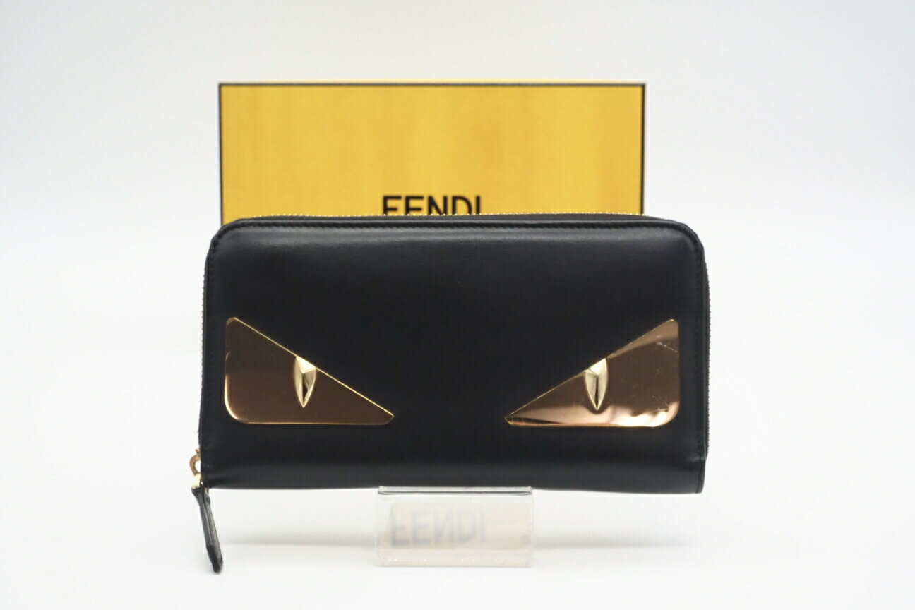 ☆安心の3大保証☆ ABランク ≪FENDI フェンディ/ラウンドファスナー長財布≫ 7M0210 バグズアイ ブラック ゴールド レザー美品 送料無料【中古】