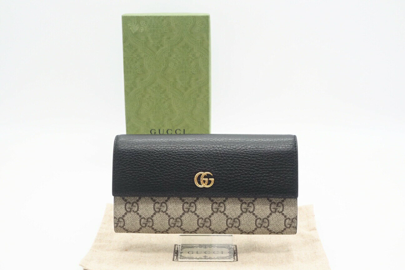 ☆安心の3大保証☆ Bランク ≪GUCCI グッチ/二つ折り長財布≫ 456116 GGマーモント GGスプリーム レザー コンチネンタルウォレット ブラック ベージュ