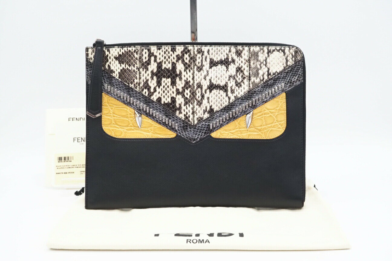 ☆安心の3大保証☆ ABランク ≪FENDI フェンディ/L字ファスナークラッチバッグ≫ 8M0370 バグズアイ モンスター パイソン レザー ブラック イエロー【中古】