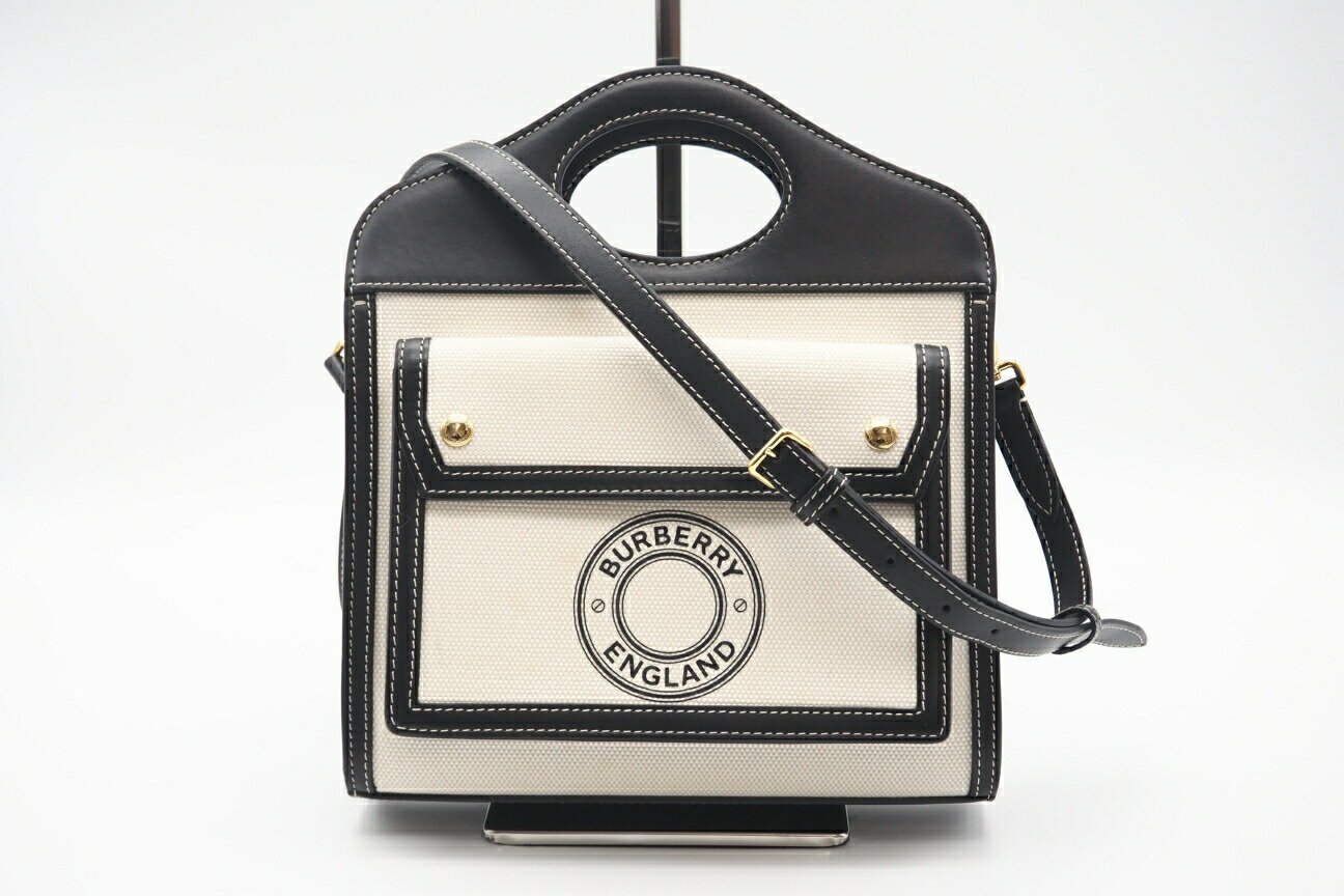 ★3日以内返品可★ 美品 BURBERRY バーバリー コットンキャンバス カーフスキン ロンドンイングランド ミニ ポケットバッグ 8028058 2wayハンドバッグ ブラック ベージュ キャンバス カーフレザー レディース【中古】