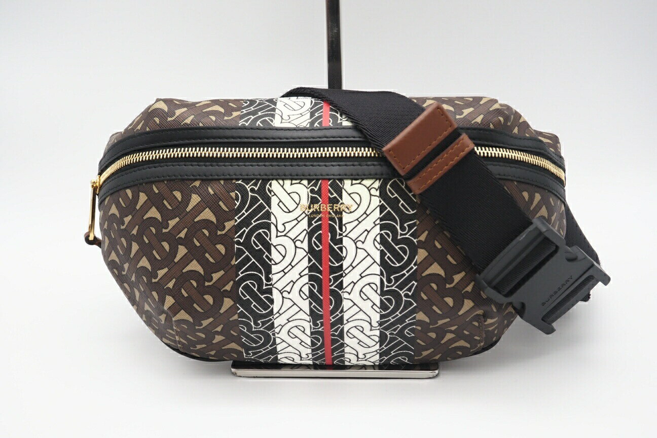 ★3日以内返品可★ 美品 BURBERRY バーバリー モノグラムストライプ ボディバッグ マルチカラー 8021483 ボディバッグ ブラウン ベージュ コーティングキャンバス レザー メンズ【中古】