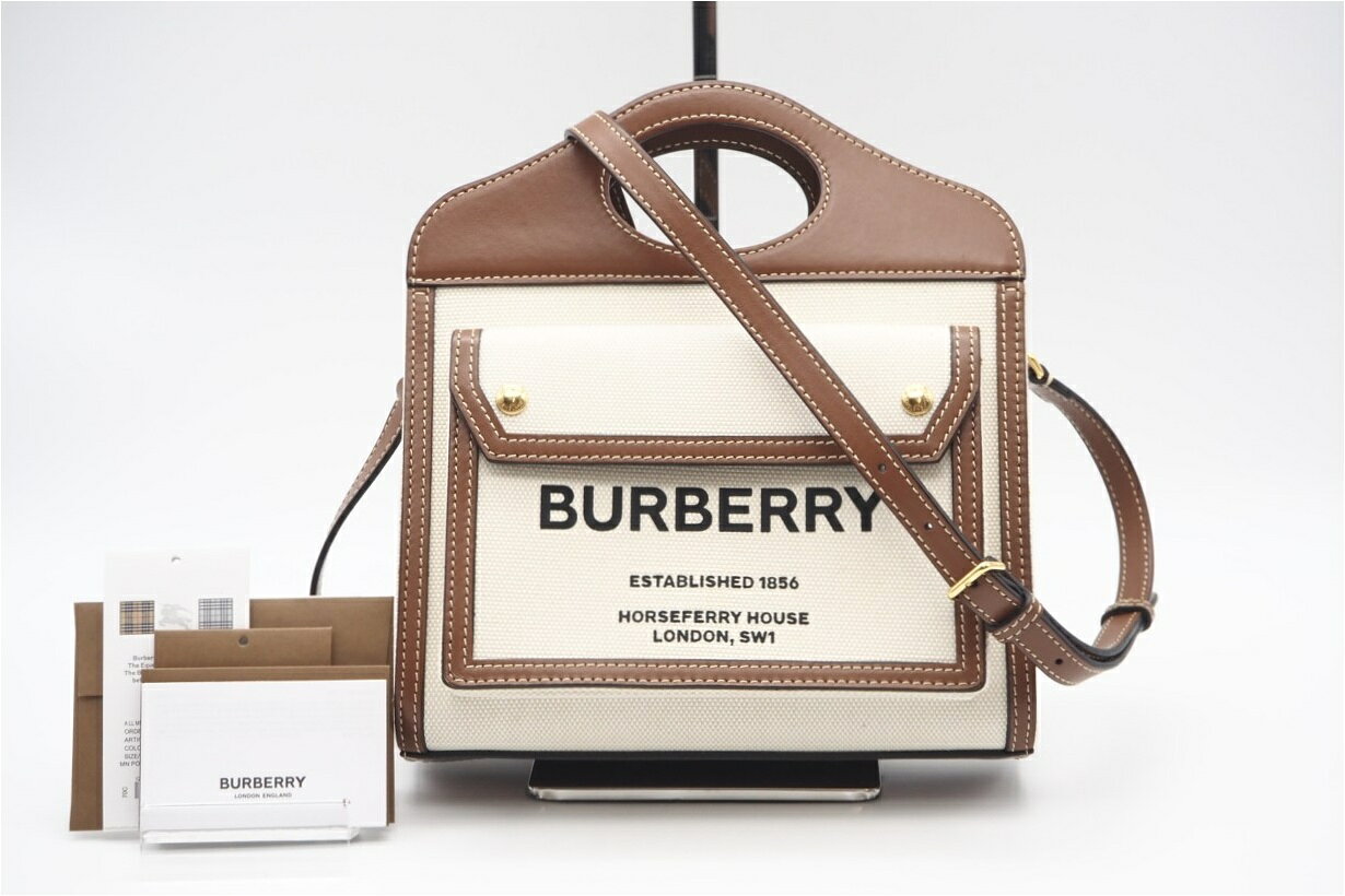 ★3日以内返品可★ 美品 BURBERRY バーバリー キャンバス レザー ミニ ポケットバッグ 8014615 2wayショルダーバッグ ブラウン レザー レディース【中古】