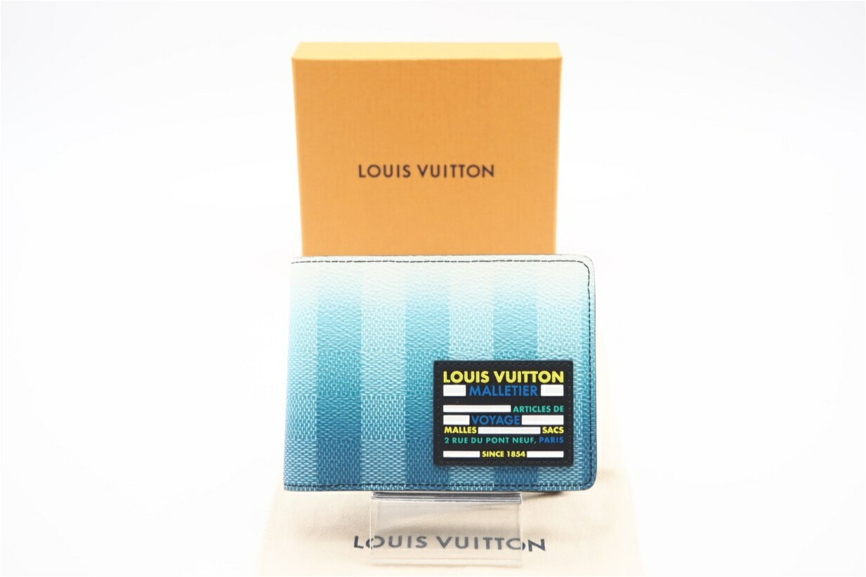 ★3日以内返品可★ 極美品 LOUIS VUITTON ルイ・ヴィトン ダミエ ストライプ ポルトフォイユミュルティプル M81319 二つ折り財布 ブルー ブラック コーティングキャンバス メンズ【中古】