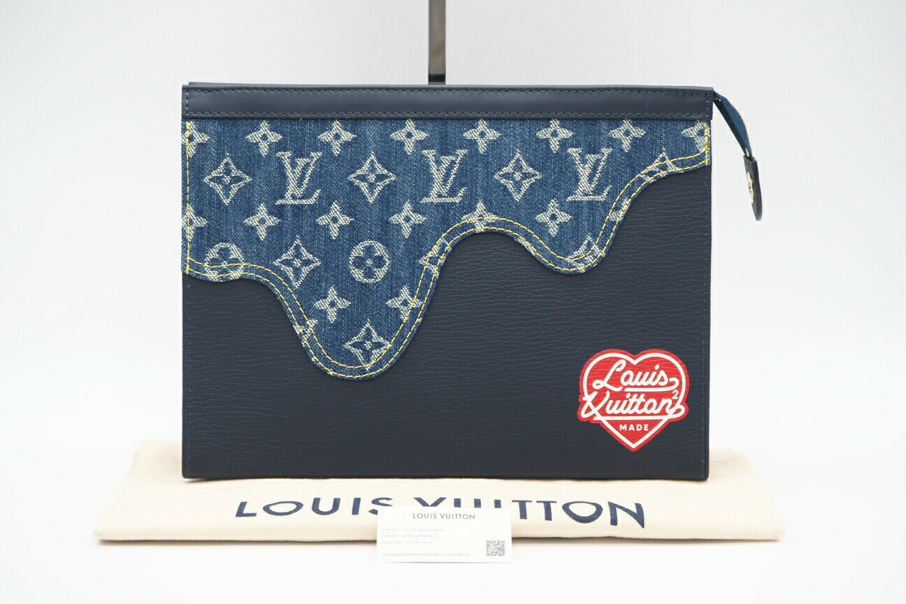 ★3日以内返品可★ 極美品 LOUIS VUITTON ルイ・ヴィトン モノグラム ドリップ ポシェットヴォワヤージュMM M45961 クラッチバッグ ブルー レッド ホワイト デニム トリヨンレザー メンズ【中古】