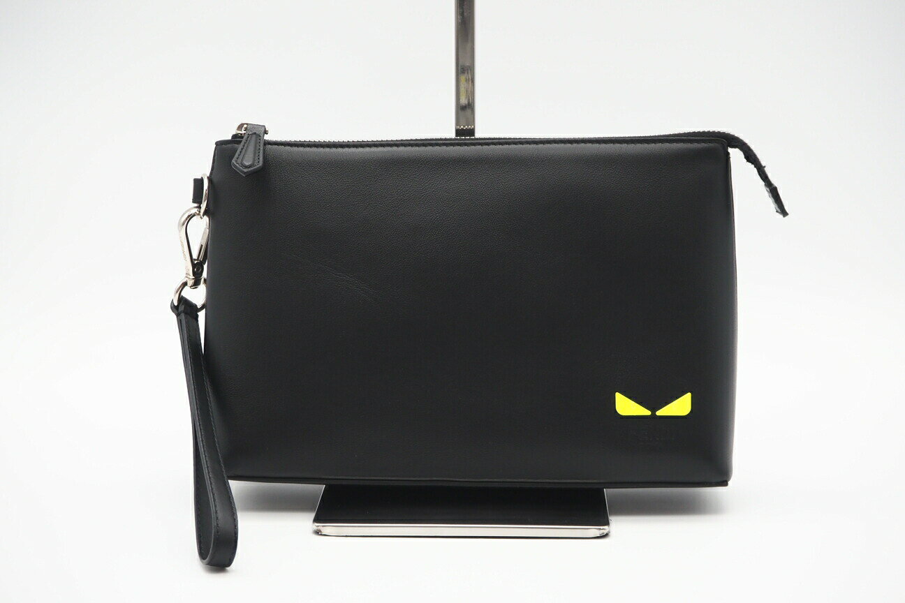 ★3日以内返品可★ 美品 FENDI フェンディ モンスター MINI OCCHI EYES 7N0102 クラッチバッグ ブラック イエロー レザー メンズ【中古】