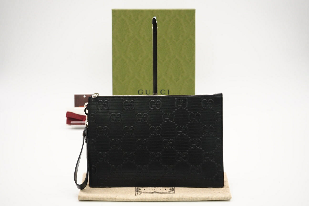 GUCCI - ★3日以内返品可★ 極美品 GUCCI グッチ GGエンボス レザー クラッチ 625569 クラッチバッグ ブラック レザー メンズ【中古】