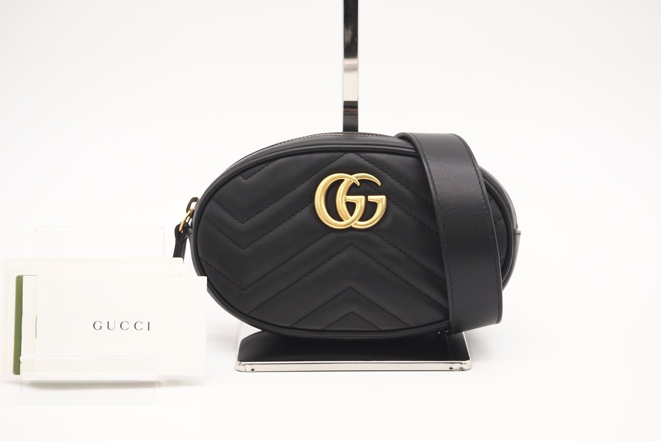 ★3日以内返品可★ 美品 GUCCI グッチ GGマーモント キルティング レザー ウエストポーチ 476434 ウエストバッグ ブラック レザー レディース【中古】