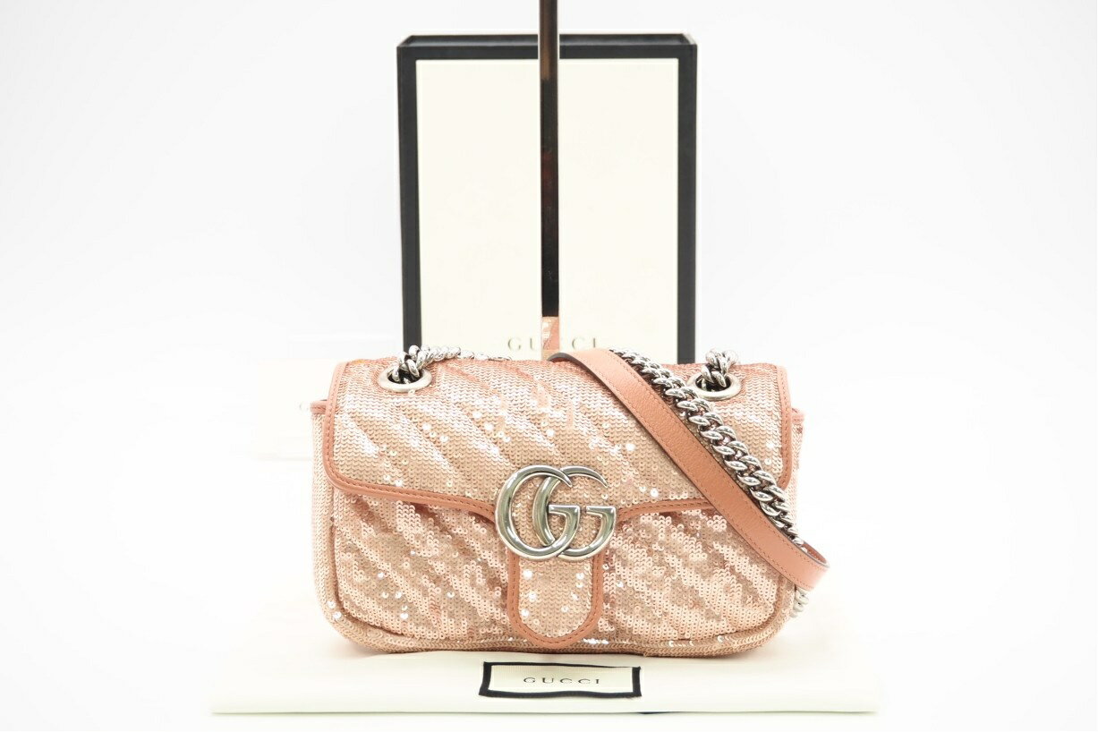 Rakuten - ★3日以内返品可★ 極美品 GUCCI グッチ GGマーモント レザー スパンコール チェーンショルダー 446744 ショルダーバッグ ピンク レザー スパンコール レディース【中古】
