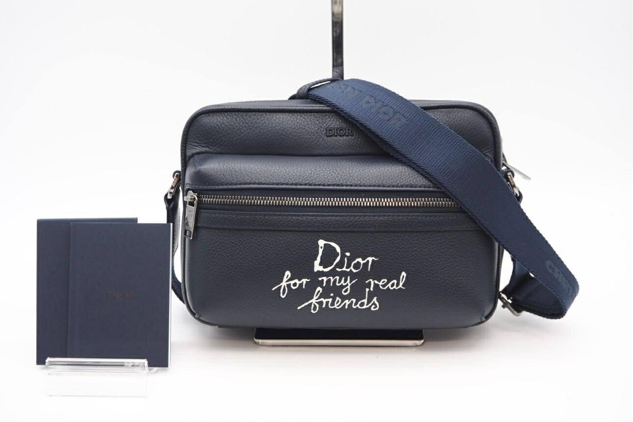 CHRISTIAN DIOR - ★3日以内返品可★ 美品 Dior ディオール レザー DIOR ＆ HYLTON NEL ショルダーバッグ 1ESPO340FRY_H56E メッセンジャーバッグ ネイビー レザー メンズ【中古】