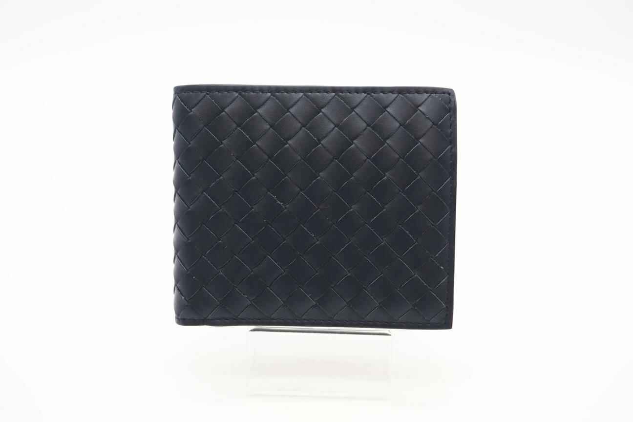 ★3日以内返品可★ 美品 BOTTEGAVENETA ボッテガヴェネタ イントレチャート小 レザー 二つ折りウォレット 193642 二つ折り財布 ネイビー レザー メンズ【中古】