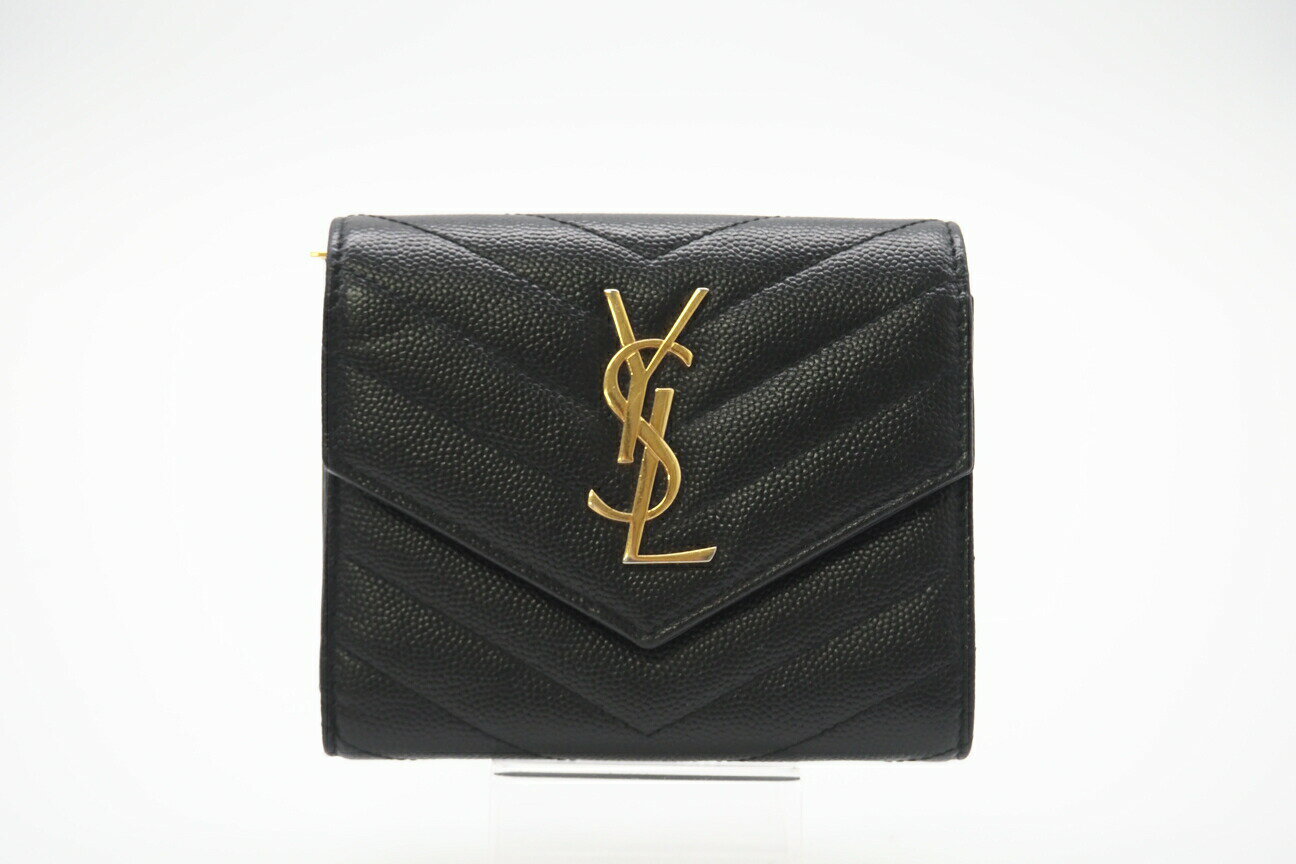 ★3日以内返品可★ 美品 YVES SAINT LAURENT イヴ・サンローラン レザー コンパクト スリーフォールド ウォレット 403943 三つ折り財布 ブラック カーフレザー レディース【中古】