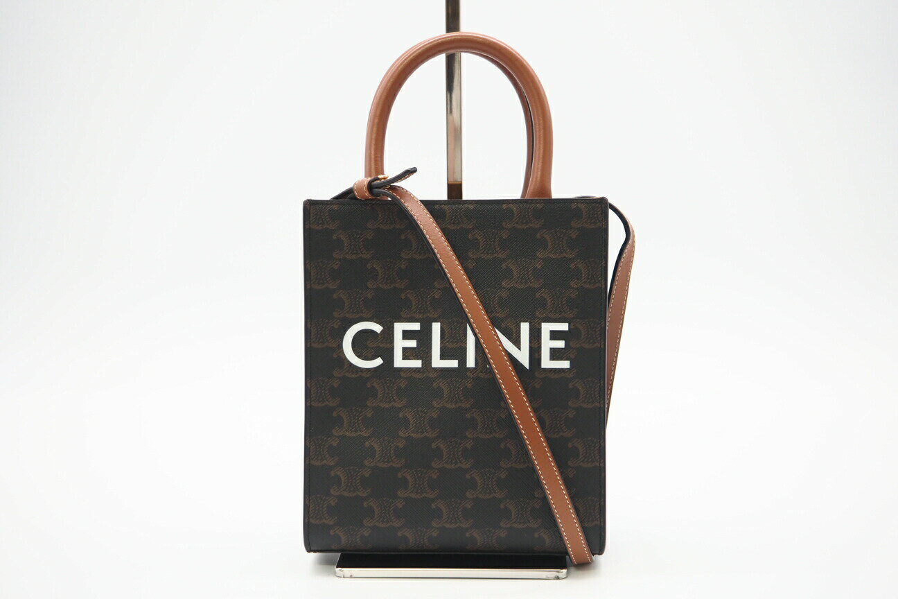 ★3日以内返品可★ 美品 CELINE セリーヌ トリオンフ キャンバス ミニ バーティカル カバ トートバッグ タン 194372BZK.04LU 2wayトートバッグ ブラウン ホワイト キャンバス レディース【中古】