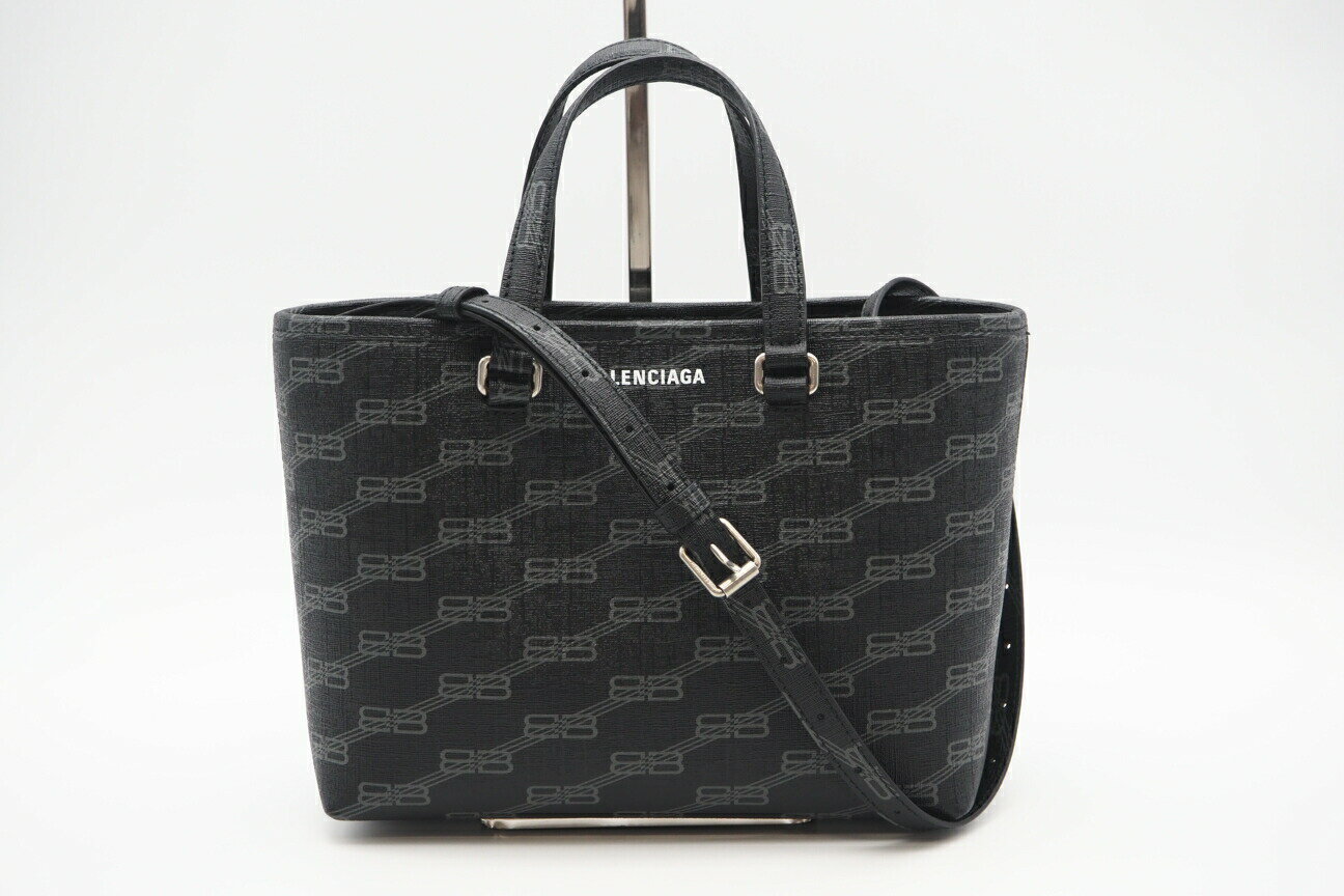 Rakuten - ★3日以内返品可★ 美品 BALENCIAGA バレンシアガ BBモノグラム シグネチャー スモール ショッパーバッグ 702699 2wayトートバッグ ブラック グレー コーティングキャンバス レディース【中古】