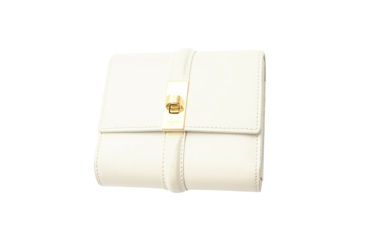 ★3日以内返品可★ CELINE セリーヌ サテンドカーフスキン スモールトリフォールドウォレット 10F523CQ7.38NO 三つ折り財布 ホワイト サテン レディース【中古】