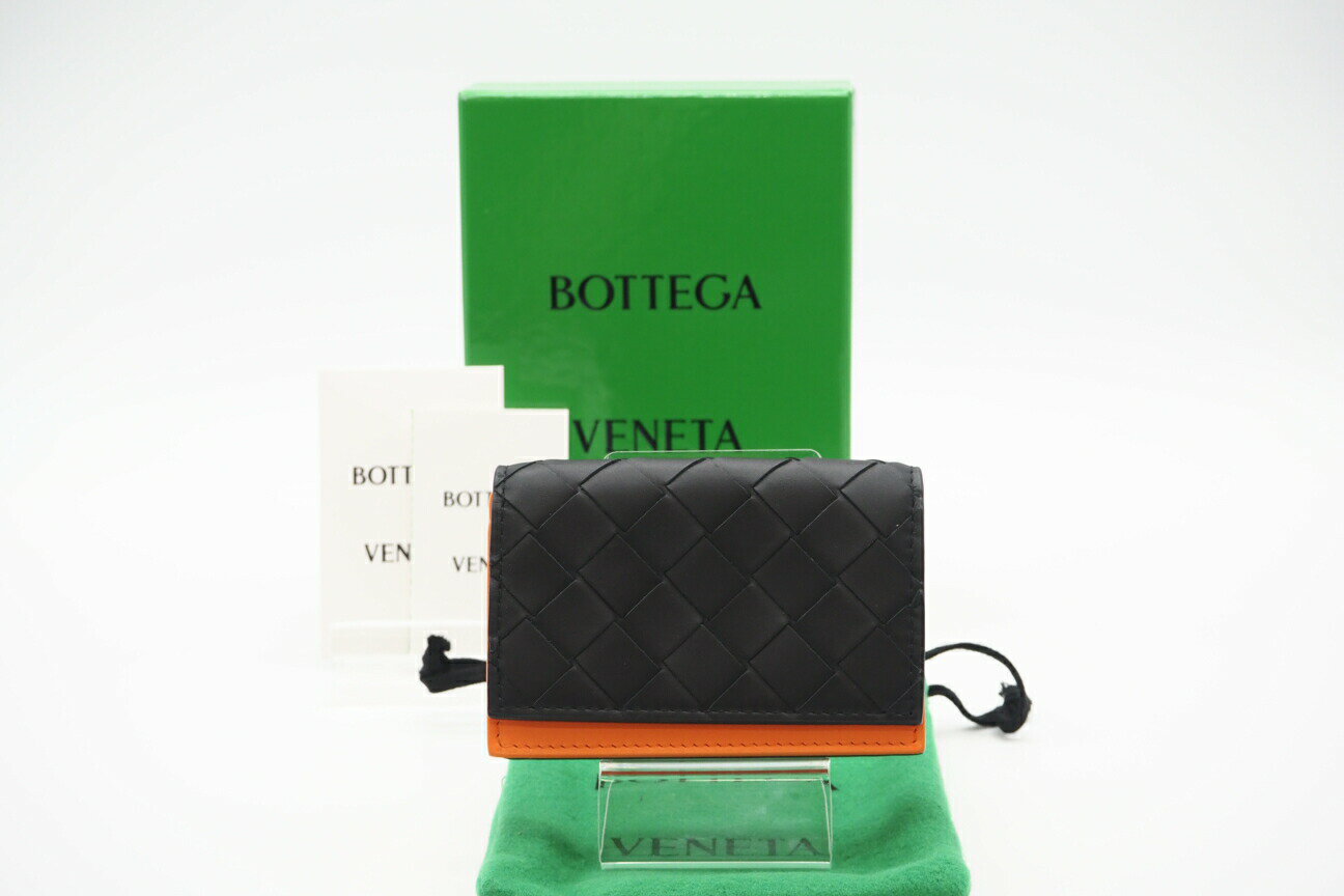 ★3日以内返品可★ 極美品 BOTTEGAVENETA ボッテガヴェネタ イントレチャート中 二つ折りカードケース 605720 カードケース ブラック オレンジ カーフレザー メンズ【中古】