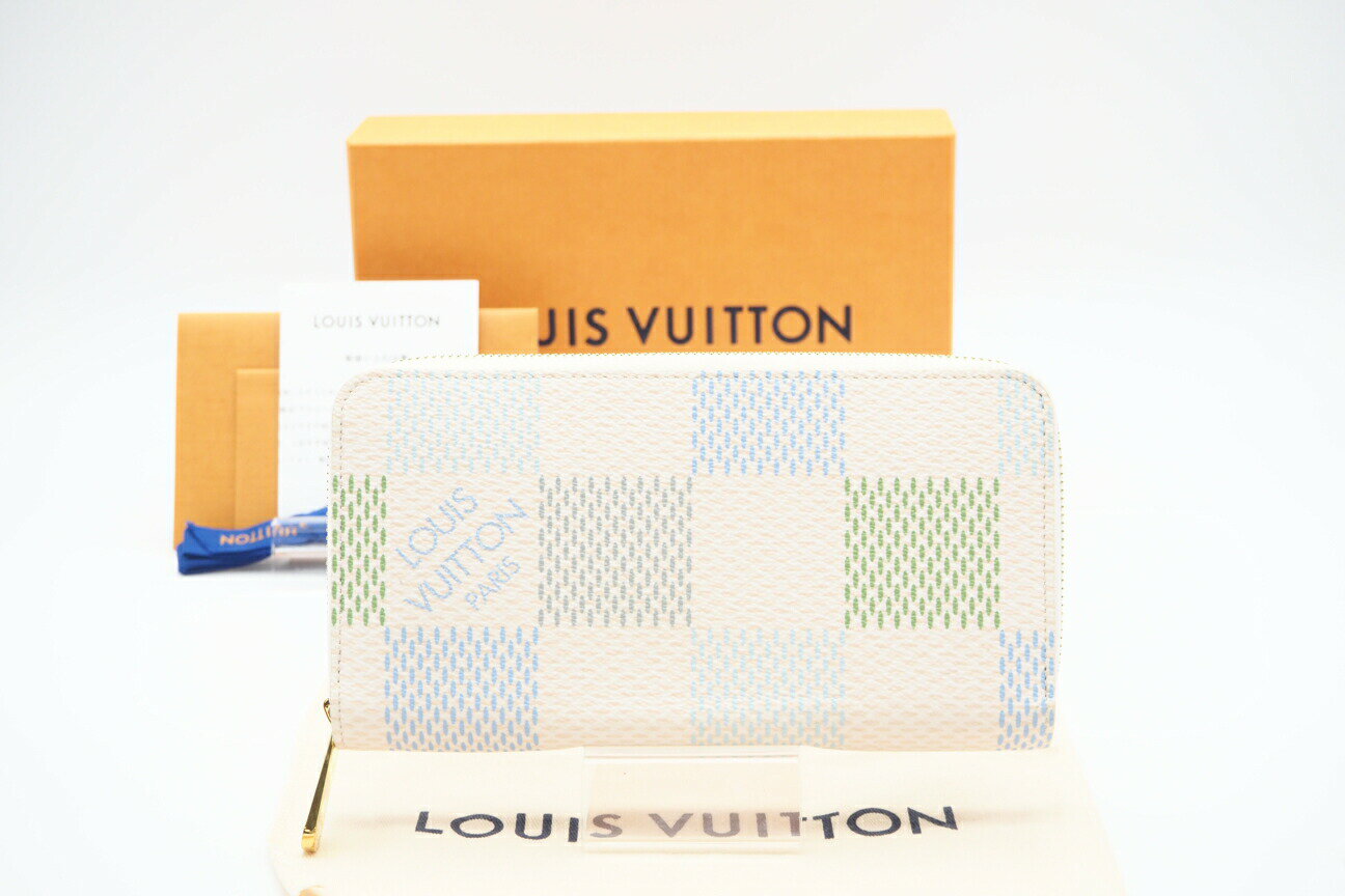 Rakuten - ★3日以内返品可★ 極美品 LOUIS VUITTON ルイ・ヴィトン ダミエリシャス ジッピーウォレット ピスタチオグリーン ラウンドジップウォレット N40748 長財布 グリーン ブルー ホワイト コーティングキャンバス レディース【中古】