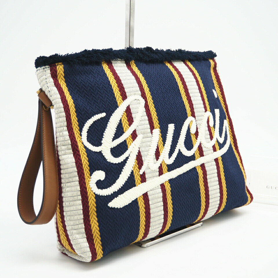★3日以内返品可★ 極美品 GUCCI グッチ エンブロイダリー キャンバス ラージ ポーチ 822870 クラッチバッグ ネイビー マルチカラー キャンバス レディース【中古】