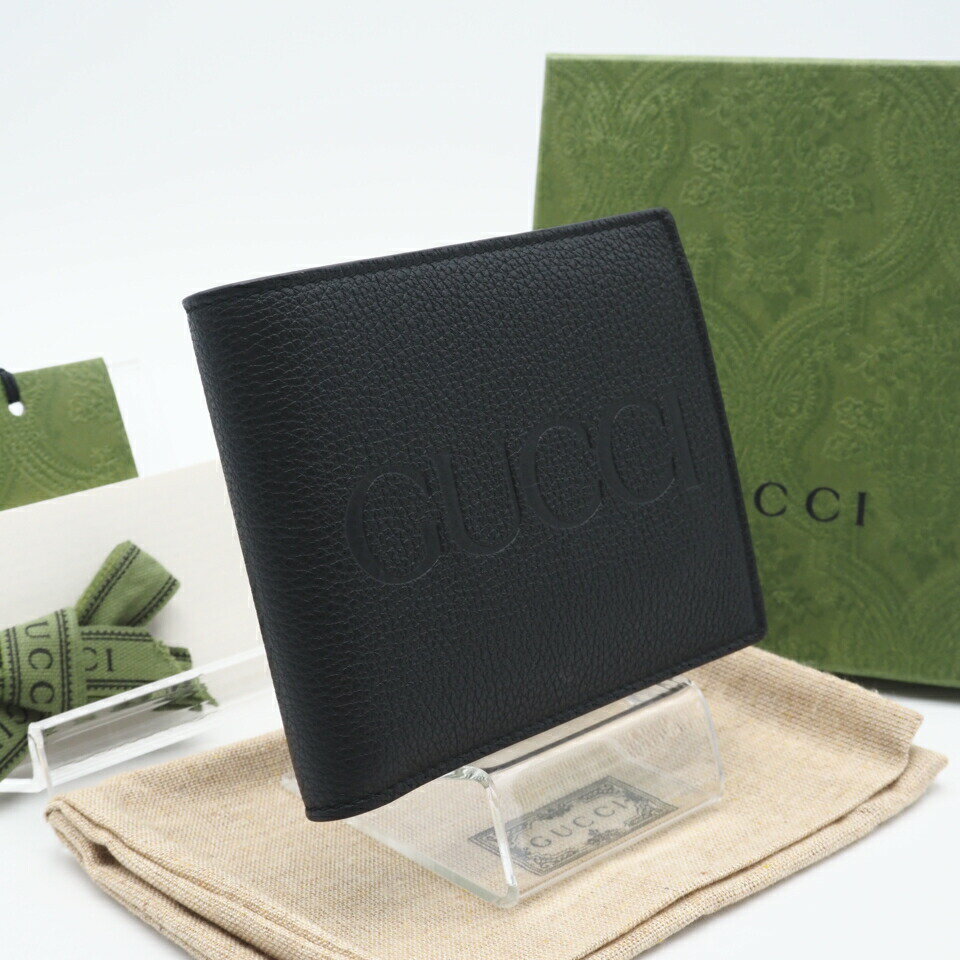 U, 吉 - ★3日以内返品可★ 美品 GUCCI グッチ エンボスロゴ レザー 二つ折り財布 658681 二つ折り財布 ブラック レザー メンズ【中古】