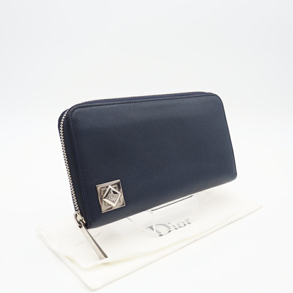 ★3日以内返品可★ Dior ディオール レザー DIORロゴプレート ラウンドジップウォレット - 長財布 ネイビーブルー レザー メンズ【中古】
