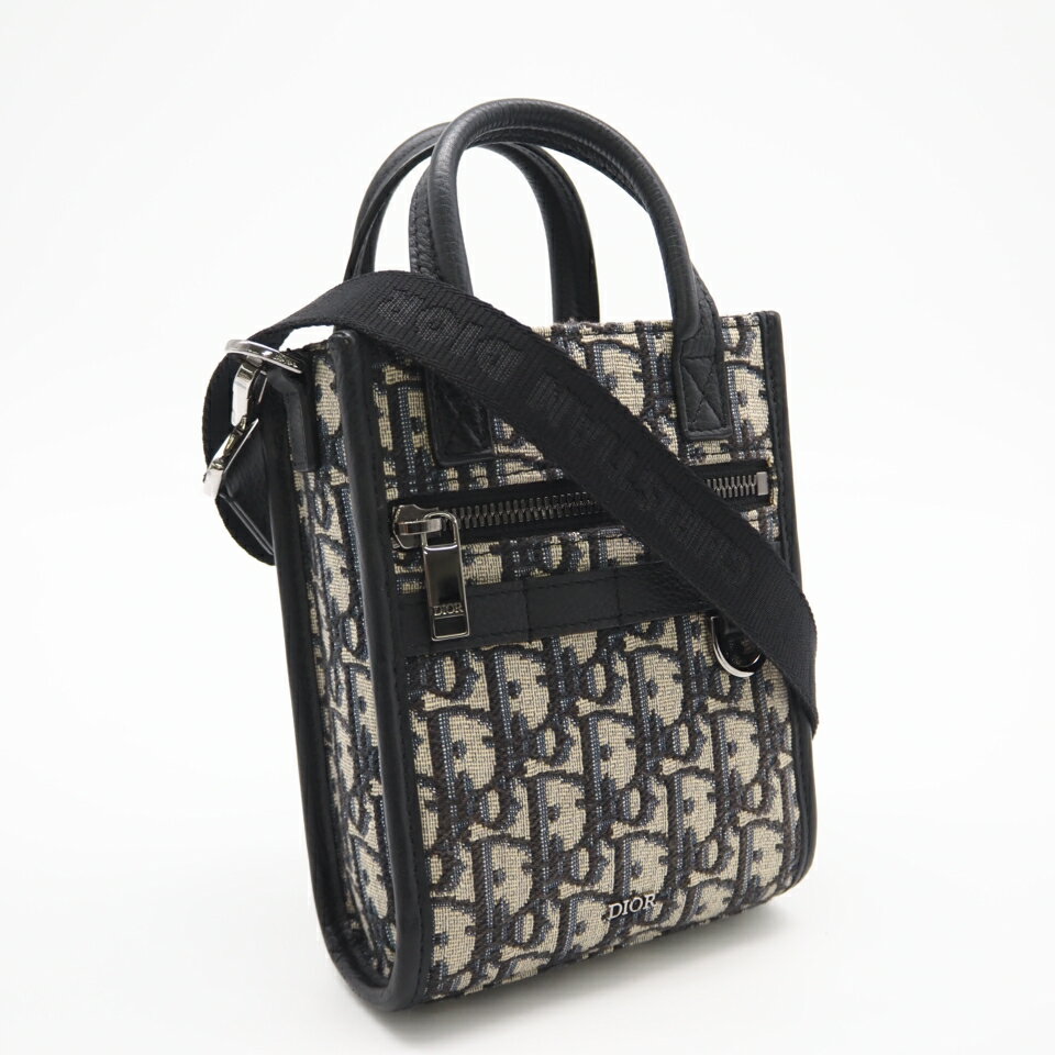 ★3日以内返品可★ 美品 Dior ディオール オブリーク サファリ ノースサウス ミニトート 2ESWS017YKY_H27E 2wayショルダーバッグ ネイビー ベージュ キャンバス レザー メンズ【中古】