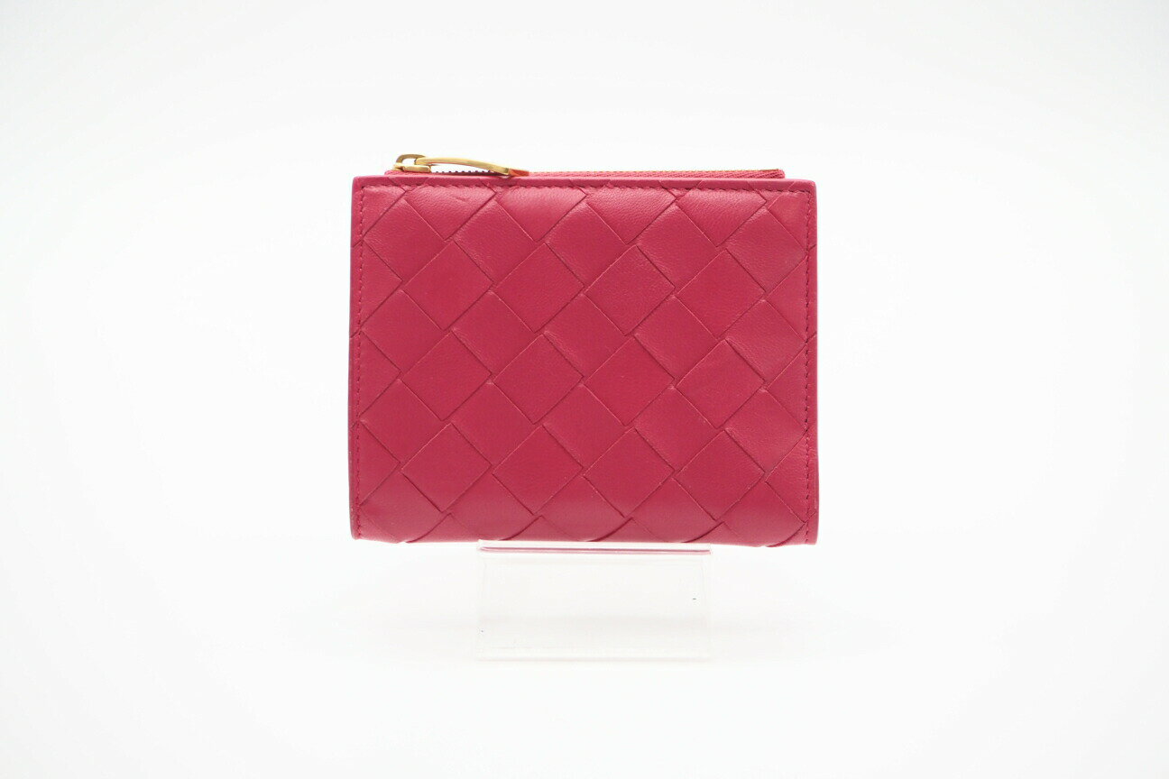 ★3日以内返品可★ 美品 BOTTEGAVENETA ボッテガヴェネタ イントレチャート中 レザー 二つ折りウォレット 608059 二つ折り財布 ピンク レザー レディース【中古】