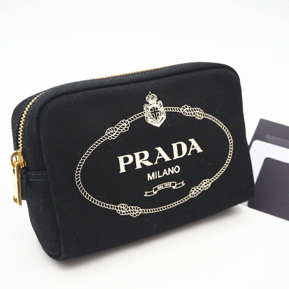 ★3日以内返品可★ 極美品 PRADA プラダ キャンバス カナパロゴ ポーチ NERO 1NA021 ポーチ ブラック・ホワイト キャンバス レディース【中古】