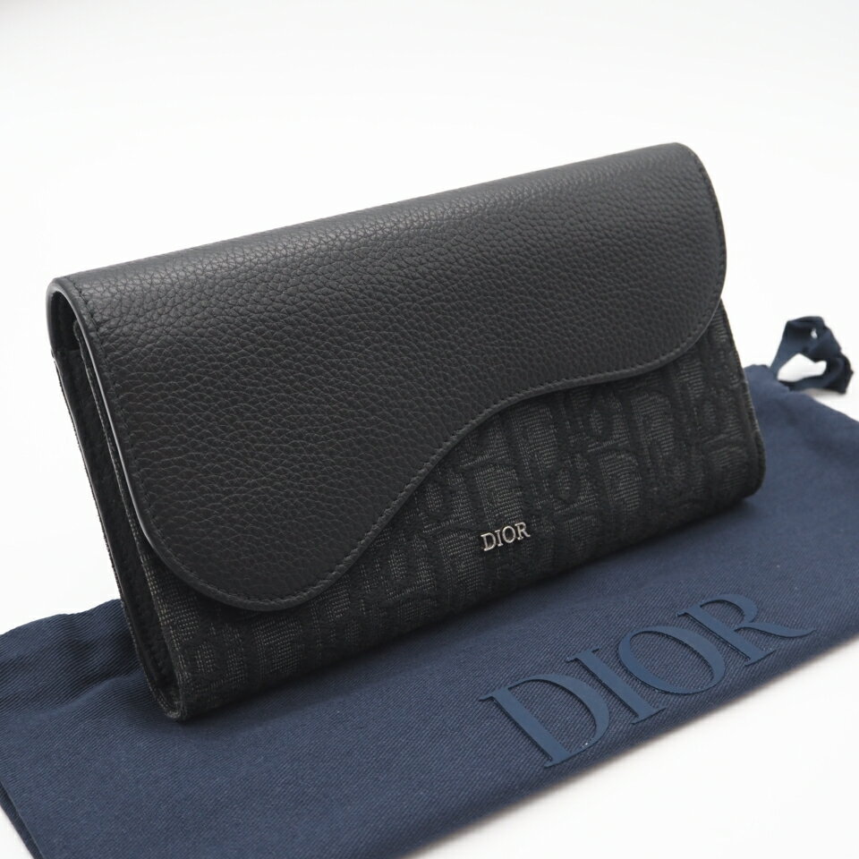★3日以内返品可★ 美品 Dior ディオール ディオール オブリーク ジャカード グレインドカーフスキン Saddle ロングウォレット 2ADBC321YKS 長財布 ブラック・グレー レザー キャンバス メンズ【中古】