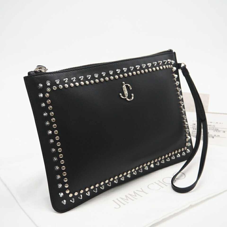 ★3日以内返品可★ 美品 JIMMY CHOO ジミーチュウ スムースカーフ Wスタッズ クラッチバッグ 193FARA.LGQ クラッチバッグ ブラック カーフレザー メンズ【中古】