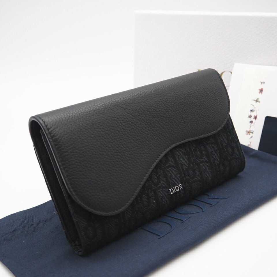 ★3日以内返品可★ 美品 Dior ディオール ディオール オブリーク メタリックジャカード グレインドカーフスキン Saddle ロングウォレット 2ADBC321YNZ 長財布 ブラック グレー グレインカーフレザー メンズ【中古】