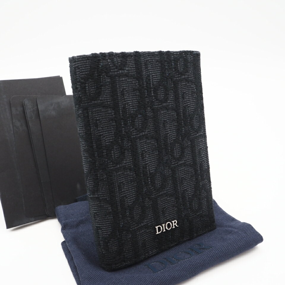 ★3日以内返品可★ 極美品 Dior ディオール ディオール オブリーク ジャカード 2つ折りカードホルダー 2ESCH138YSE_H03E カードケース ネイビー ブラック コットン カーフレザー レディース【中古】