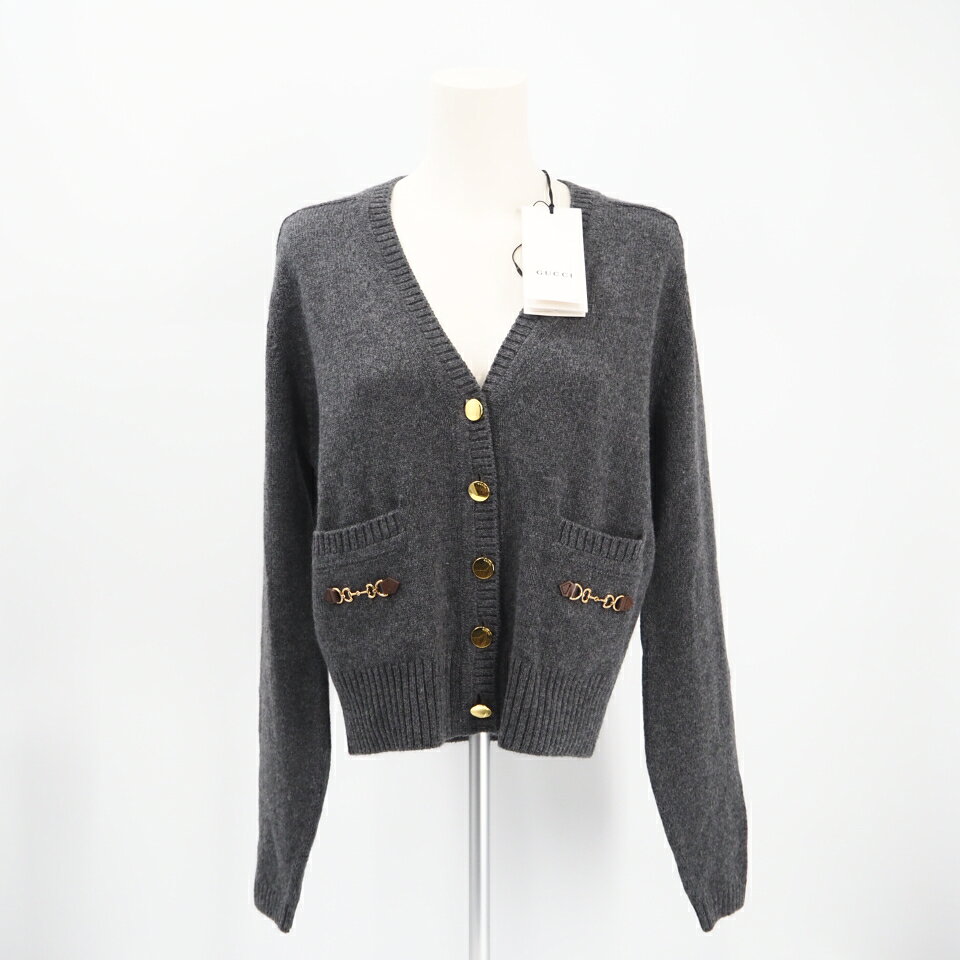 乐天商城 - ★3日以内返品可★ 未使用 GUCCI グッチ ホースビット カシミヤ カーディガン S 628412 カーディガン グレー・ブラウン カシミヤ レザー レディース【中古】