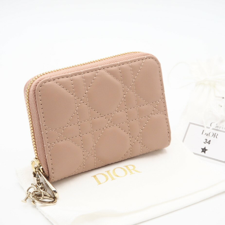 ★3日以内返品可★ 未使用 Christian Dior クリスチャンディオール Lady Dior Voyageur スモール ジップコインケース S0985ONMJ コインケース ピンクベージュ ラムスキン レディース【中古】