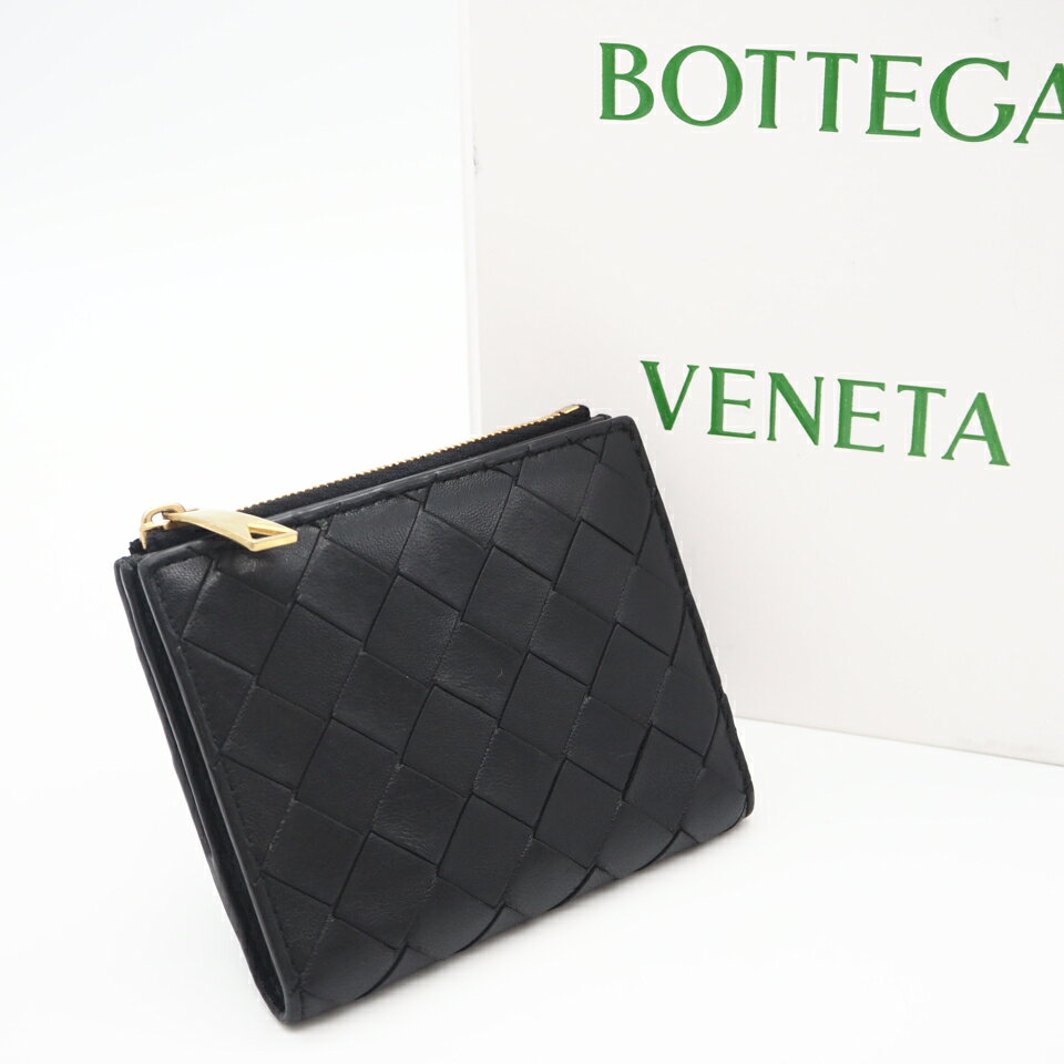 ★3日以内返品可★ BOTTEGAVENETA ボッテガヴェネタ イントレチャート スモール 二つ折りウォレット 742330 二つ折り財布 ブラック ラムスキン レディース【中古】