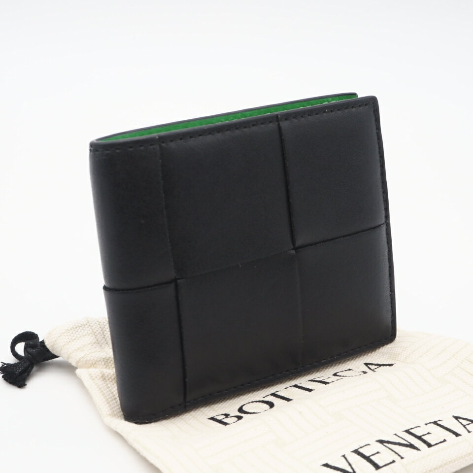 ★3日以内返品可★ 美品 BOTTEGAVENETA ボッテガヴェネタ マキシイントレチャート レザー 二つ折り財布 743004 二つ折り財布 ブラック グリーン カーフレザー メンズ【中古】